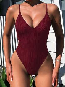 Swim SXY Women's Sexy Solid Color Backless Round Ring Criss-Cross Wavy Texture One-Piece Swimsuit, Suitable For Spring, Summer And Autumn Beach Vacation - Burgundy - View 6