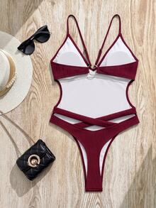 Swim SXY Women's Sexy Solid Color Backless Round Ring Criss-Cross Wavy Texture One-Piece Swimsuit, Suitable For Spring, Summer And Autumn Beach Vacation - Burgundy - View 8