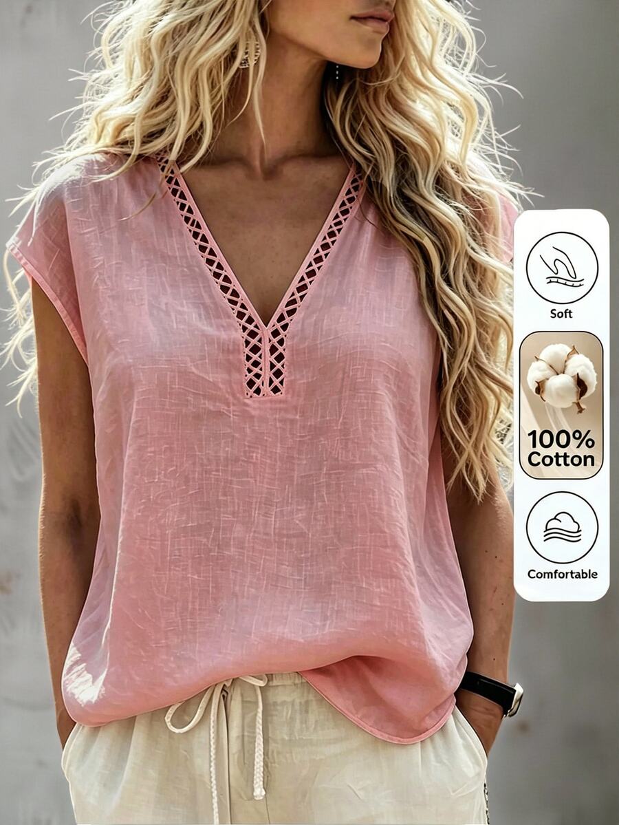 Omancia Women's V-Neck Ruffle Trim Casual Boho Vacation Dusty Pink Blouse, Summer Vacation - Pink - View 1
