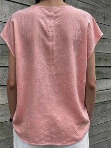 Omancia Women's V-Neck Ruffle Trim Casual Boho Vacation Dusty Pink Blouse, Summer Vacation - Pink - View 2