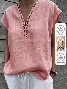 Omancia Women's V-Neck Ruffle Trim Casual Boho Vacation Dusty Pink Blouse, Summer Vacation - Pink - View 3