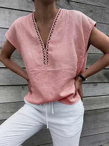 Omancia Women's V-Neck Ruffle Trim Casual Boho Vacation Dusty Pink Blouse, Summer Vacation - Pink - View 5