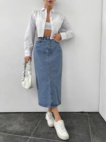 SHEIN Plus High Waist Split Back Denim Skirt Formal Beach Blue Summer Casual Loose Fit - Light Wash - View 8