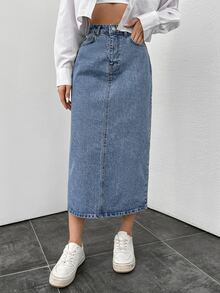 SHEIN Plus High Waist Split Back Denim Skirt Formal Beach Blue Summer Casual Loose Fit - Light Wash - View 2