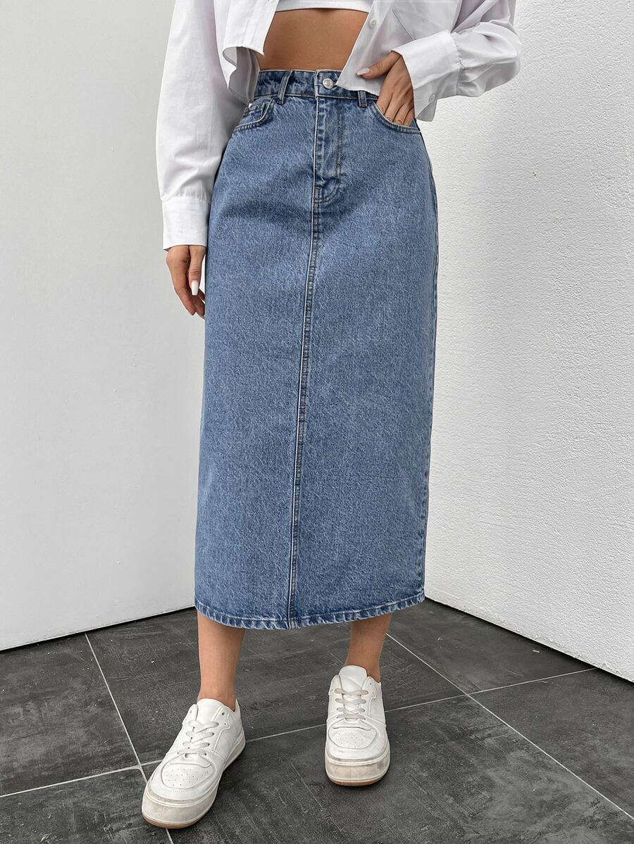 SHEIN Plus High Waist Split Back Denim Skirt Formal Beach Blue Summer Casual Loose Fit