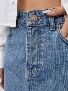 SHEIN Plus High Waist Split Back Denim Skirt Formal Beach Blue Summer Casual Loose Fit - Light Wash - View 6