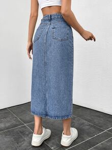 SHEIN Plus High Waist Split Back Denim Skirt Formal Beach Blue Summer Casual Loose Fit - Light Wash - View 3