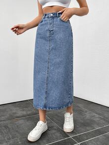 SHEIN Plus High Waist Split Back Denim Skirt Formal Beach Blue Summer Casual Loose Fit - Light Wash - View 4