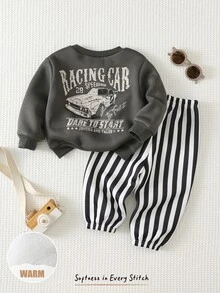 THE HAPPY LOOK 2PCS Kids Baby Boy Casual Daily Comfortable Crew Neck Pullover Long Sleeve Autumn Winter Sweatshirt & Striped Printed Sweatpants Knit Sweatshirt Set - Grey - View 6