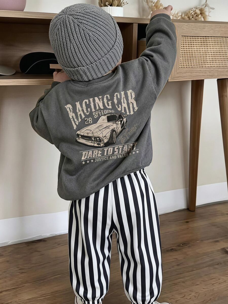THE HAPPY LOOK 2PCS Kids Baby Boy Casual Daily Comfortable Crew Neck Pullover Long Sleeve Autumn Winter Sweatshirt & Striped Printed Sweatpants Knit Sweatshirt Set - Grey - View 1
