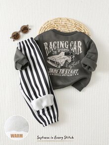 THE HAPPY LOOK 2PCS Kids Baby Boy Casual Daily Comfortable Crew Neck Pullover Long Sleeve Autumn Winter Sweatshirt & Striped Printed Sweatpants Knit Sweatshirt Set - Grey - View 13