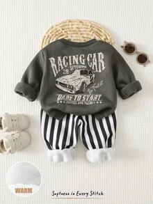 THE HAPPY LOOK 2PCS Kids Baby Boy Casual Daily Comfortable Crew Neck Pullover Long Sleeve Autumn Winter Sweatshirt & Striped Printed Sweatpants Knit Sweatshirt Set - Grey - View 7