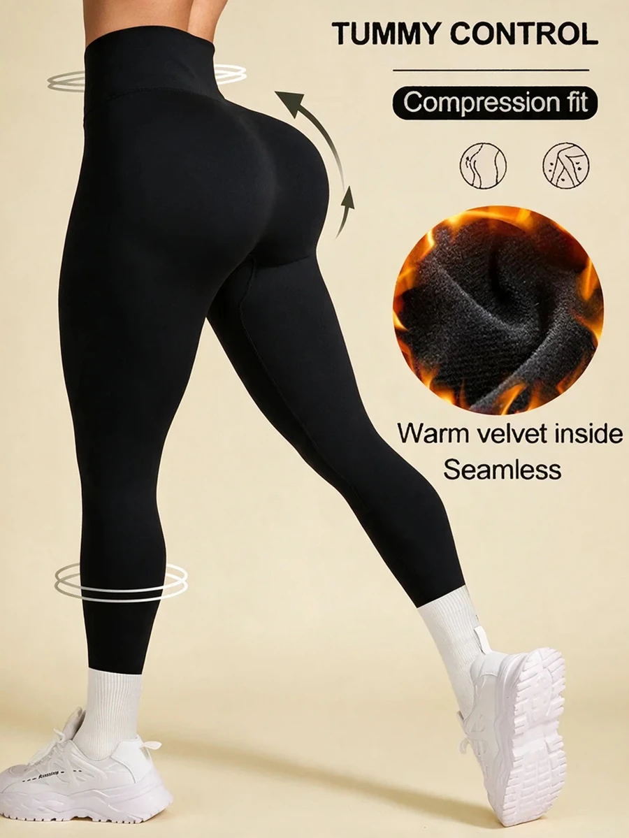 Rhythm Era Women's Plus Size Black Thermal Lined Leggings, Autumn/Winter Tummy Control Tights Booty Lifting Shapewear - Black - View 1