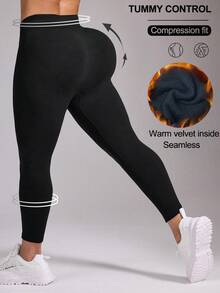 Rhythm Era Women's Plus Size Black Thermal Lined Leggings, Autumn/Winter Tummy Control Tights Booty Lifting Shapewear - Black - View 2