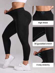 Rhythm Era Women's Plus Size Black Thermal Lined Leggings, Autumn/Winter Tummy Control Tights Booty Lifting Shapewear - Black - View 4