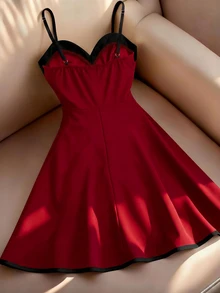 Franclia Summer Waist-Cinching A-Line Mini Dress, Retro French Contrast Color Slip Dress - Red - View 3