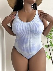 SHEIN Swim Curve 大码女式扎染印花交叉后背连体泳衣 - 淡紫色 - 查看 4