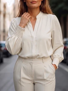 Velvienne Plus Size Casual Versatile Solid Color Long Sleeve Shirt Fall - Apricot - View 4