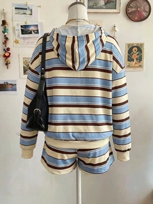 INAWLY Plus Size Autumn Casual Colorblock Striped Hoodie & Shorts 2 Pieces Set - Multicolor - View 2