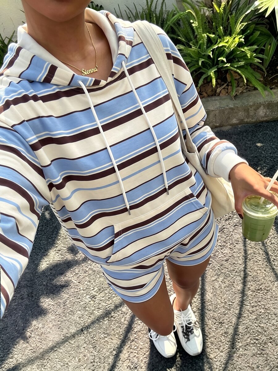 INAWLY Plus Size Autumn Casual Colorblock Striped Hoodie & Shorts 2 Pieces Set - Multicolor - View 1
