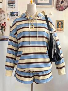 INAWLY Plus Size Autumn Casual Colorblock Striped Hoodie & Shorts 2 Pieces Set - Multicolor - View 4
