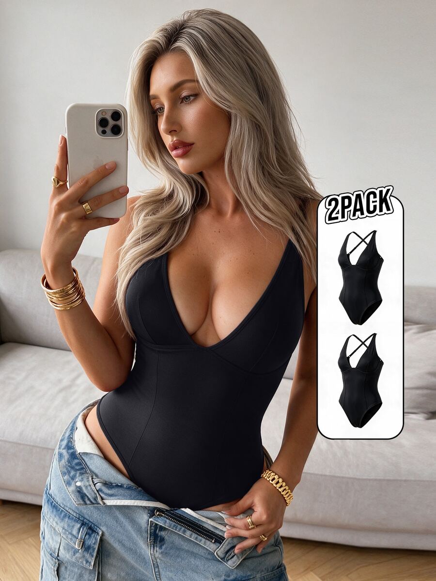 SuitURBody Women's Basic Comfortable Skin-Friendly Cross Adjustable Strap Jumpsuit 2pcs/Pack - Black - View 1
