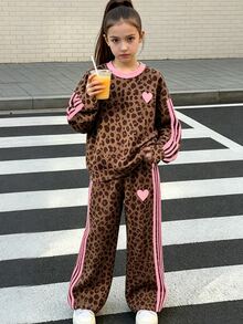 青少年女孩 2件組秋季套裝 復古豹紋圓領衛衣與寬腿褲 甜美粉色愛心休閒秋冬套裝 - 彩色 - 查看 4