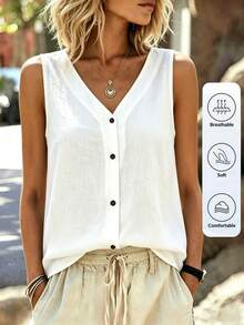 Omancia Women's Casual Solid All White Comfortable Tank Top, Summer Travel - White - View 5