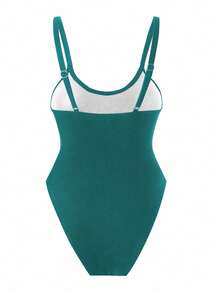 SHEIN Swim Springbreak 女士夏季海滩纯色吊带网眼拼接性感镂空连体泳衣，节日波西米亚风 - 墨綠色 - 查看 5