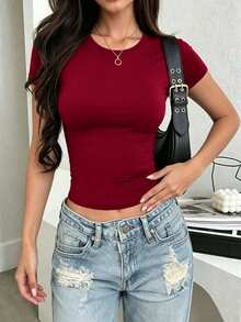 INAWLY Solva Women's Summer Casual Solid Color Short Sleeve T-Shirt - Burgundy - View 6