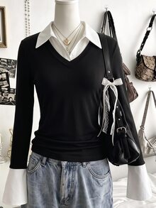 Teen Girl Patchwork Shirt Collar Long Sleeve Casual T-Shirt - Black - View 2