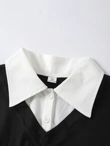 Teen Girl Patchwork Shirt Collar Long Sleeve Casual T-Shirt - Black - View 7