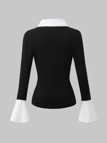 Teen Girl Patchwork Shirt Collar Long Sleeve Casual T-Shirt - Black - View 4