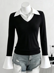 Teen Girl Patchwork Shirt Collar Long Sleeve Casual T-Shirt - Black - View 3