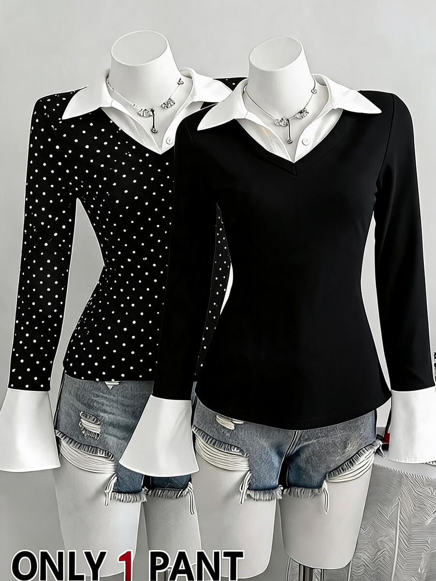 Teen Girl Patchwork Shirt Collar Long Sleeve Casual T-Shirt - Black - View 1
