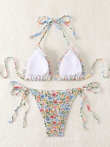 SHEIN Swim Conjunto de bikini de flores pequeñas con cuello halter para mujer, para la playa de verano - Multicolor - Ver 2