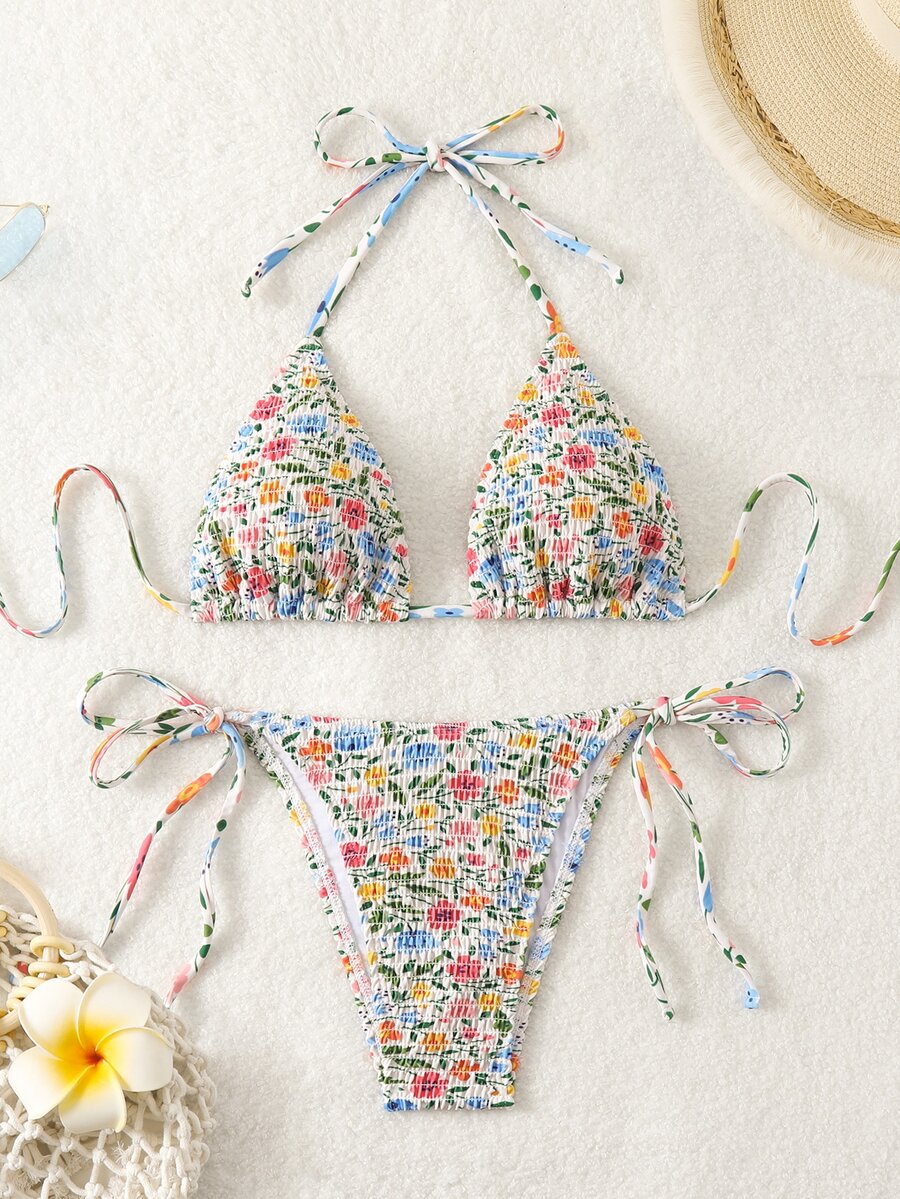SHEIN Swim Conjunto de bikini de flores pequeñas con cuello halter para mujer, para la playa de verano - Multicolor - Ver 1