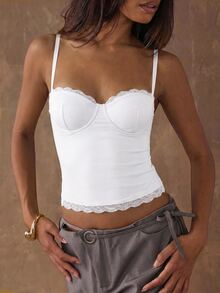SHEIN BAE Women's Solid Color Contrast Lace Fitted Camisole Halloween - White - View 3