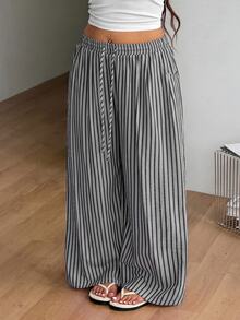 Coolane Women's Plus Size Summer Fall Vacation Outfit Boho Casual Casual Oversize Black White Striped Rawstring Waist Loose Pants - Black - View 4