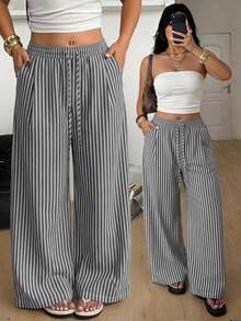 Coolane Women's Plus Size Summer Fall Vacation Outfit Boho Casual Casual Oversize Black White Striped Rawstring Waist Loose Pants - Black - View 2