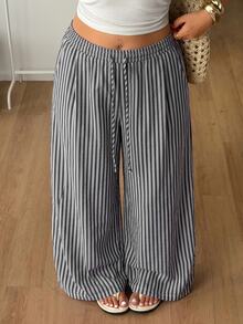 Coolane Women's Plus Size Summer Fall Vacation Outfit Boho Casual Casual Oversize Black White Striped Rawstring Waist Loose Pants - Black - View 1