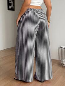 Coolane Women's Plus Size Summer Fall Vacation Outfit Boho Casual Casual Oversize Black White Striped Rawstring Waist Loose Pants - Black - View 6