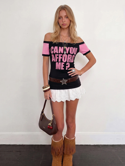 Sundraya Kaos Hitam Wanita Model Y2K Tanpa Lengan dengan Cetakan "CAN YOU AFFORD ME", Koleksi Musim Panas Terbaru.
