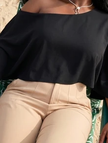 SHEIN SXY 大尺碼女款優雅性感日常基礎杏色純色露肩蝙蝠袖披肩式連身衣黑色大尺碼連身衣秋季 - 黑色 - 查看 2