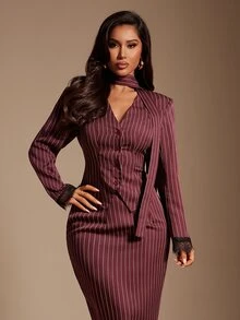 Radiana French Burgundy Vertical Stripe Lace Patchwork Tie Neck Elegant Slim Fit Set Dress, All-Match Versatile, Daily Casual Outing, Shopping, Gathering, Dating, Old Money Style, Commuting, Office - Burgundy - View 4