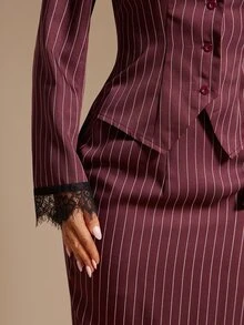 Radiana French Burgundy Vertical Stripe Lace Patchwork Tie Neck Elegant Slim Fit Set Dress, All-Match Versatile, Daily Casual Outing, Shopping, Gathering, Dating, Old Money Style, Commuting, Office - Burgundy - View 11