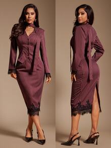 Radiana French Burgundy Vertical Stripe Lace Patchwork Tie Neck Elegant Slim Fit Set Dress, All-Match Versatile, Daily Casual Outing, Shopping, Gathering, Dating, Old Money Style, Commuting, Office - Burgundy - View 10
