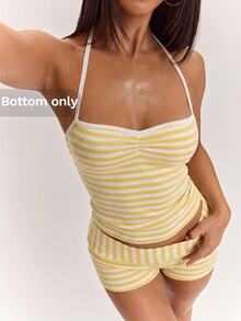 SHEIN BAE Women's Summer Blue And White Stripe Casual Sexy Knit Shorts, Suitable For Daily Outings Beach, Summer Vacations, Summer Shorts, Shorts - Yellow - View 3