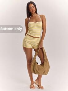 SHEIN BAE Women's Summer Blue And White Stripe Casual Sexy Knit Shorts, Suitable For Daily Outings Beach, Summer Vacations, Summer Shorts, Shorts - Yellow - View 4