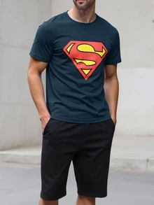 SUPERMAN X SHEIN تي شيرت رجالي بنمط ماسي كاجوال للاستخدام اليومي بأكمام قصيرة - أزرق بحري - مشاهدة 5